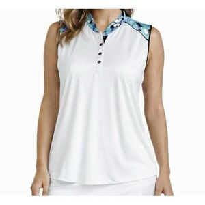 GREG NORMAN Sleeveless Top sz L White w/Butterfly Print Mandarin Collar Athletic